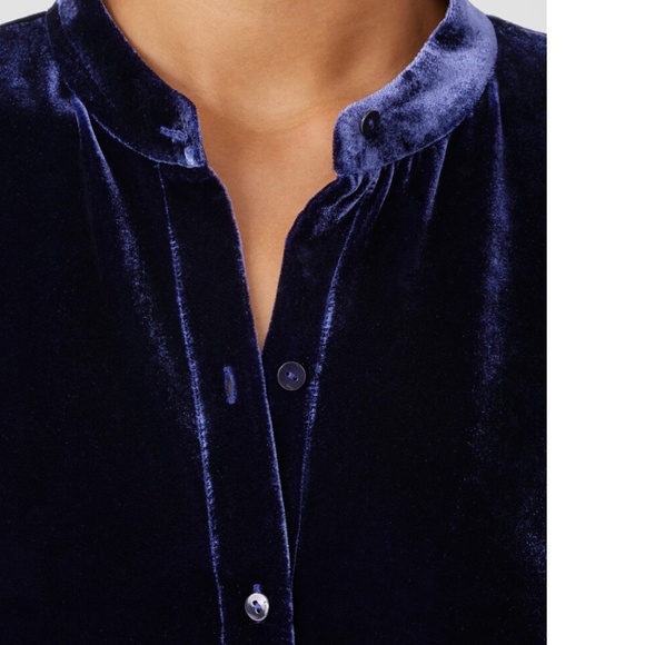 Eileen Fisher Mandarin Collar Velvet Tunic Button Shirt Sz M Navy Holiday Party - Picture 3 of 15